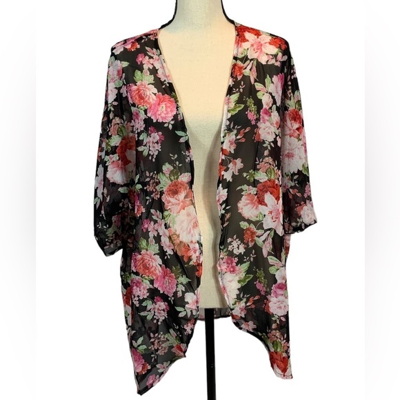 Ladiery Tops - Ladiery Women's Floral Chiffon Kimono Cardigan - Black / Pink - S / M